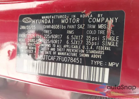 2015 Hyundai Tucson Gls z USA, uszkodzony, nr VIN KM8JTCAF7FU078451